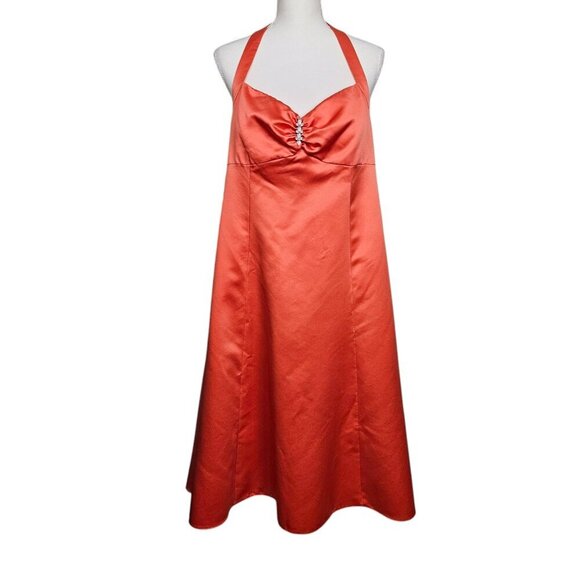 David's Bridal Halter Embellished A-Line Full Tangerine Midi Bridal Prom Gown - Picture 9 of 9